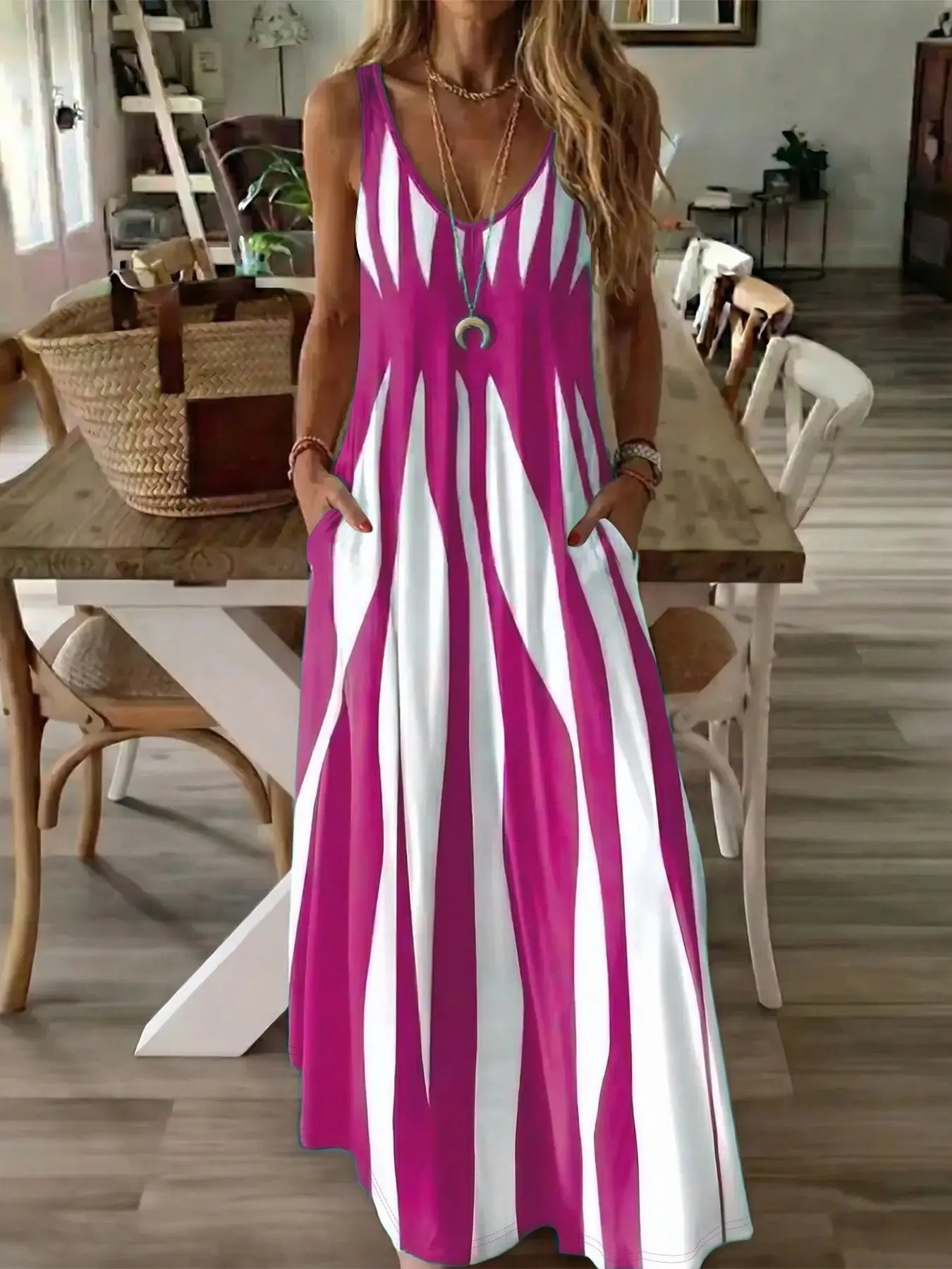 & Stripe Maxi Nightdress, Comfortable Sleepwear for Women, Stylish Long Dress for Bedroom, Soft Fabric Evening Gown