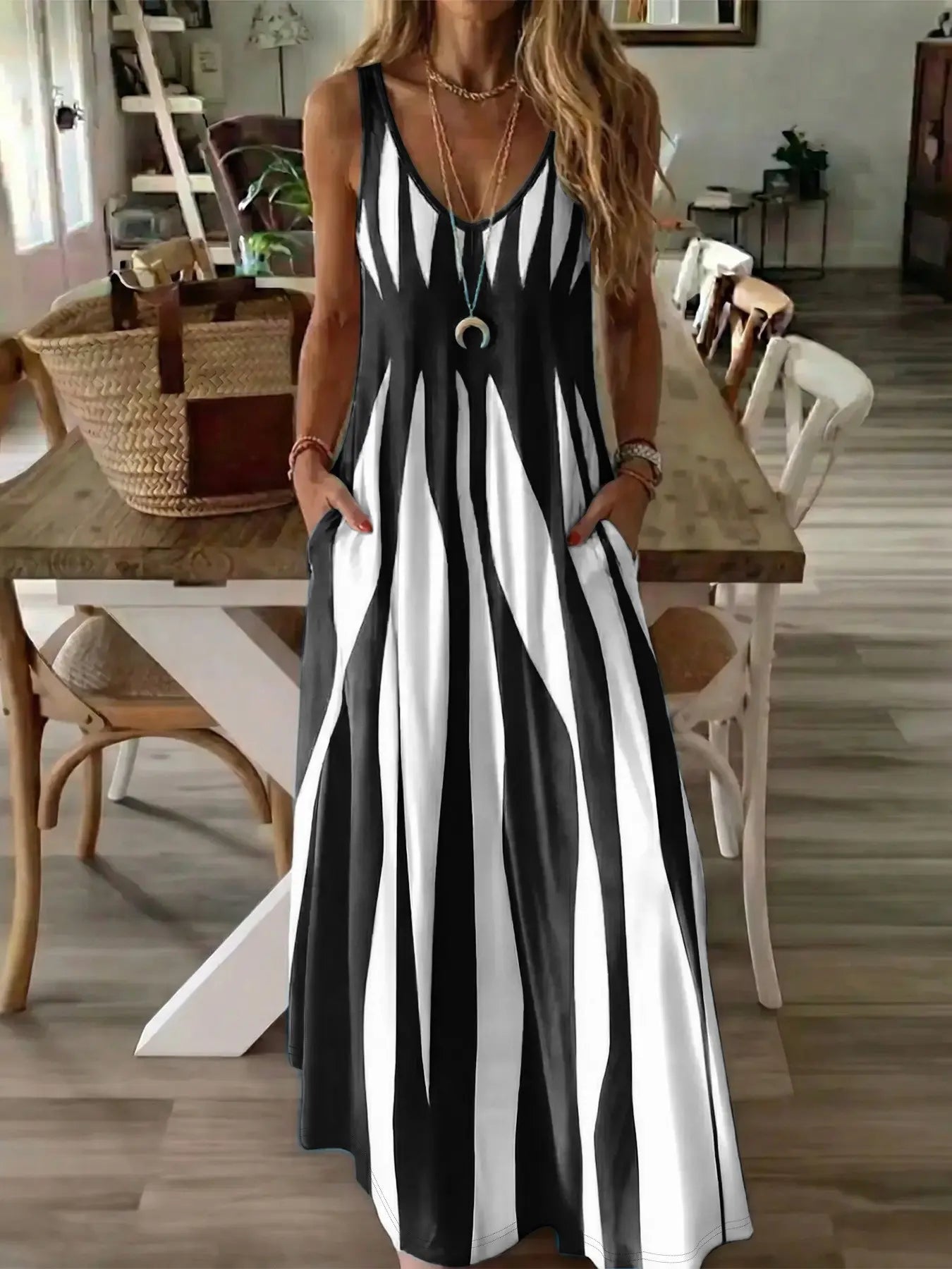 & Stripe Maxi Nightdress, Comfortable Sleepwear for Women, Stylish Long Dress for Bedroom, Soft Fabric Evening Gown
